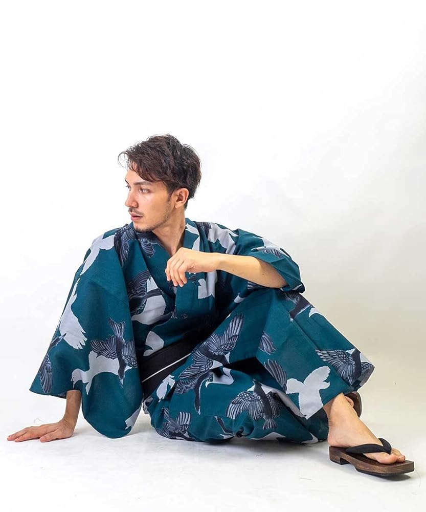 Amazon | 浴衣+帯+下駄+腰紐 高級綿麻 Ummm.重ね八咫烏 メンズ